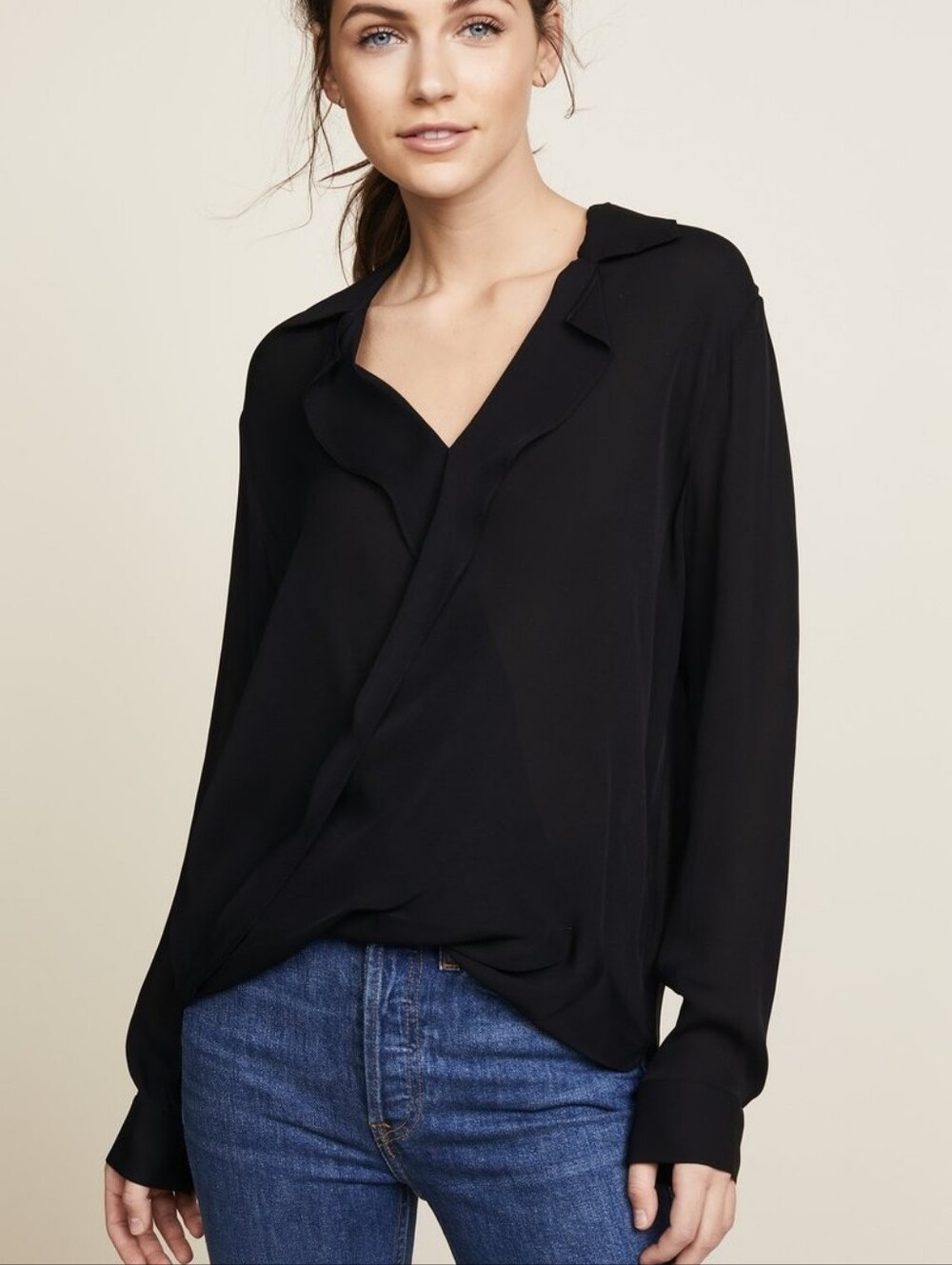 L'Agence Rita Drape Front Silk Blouse Black M